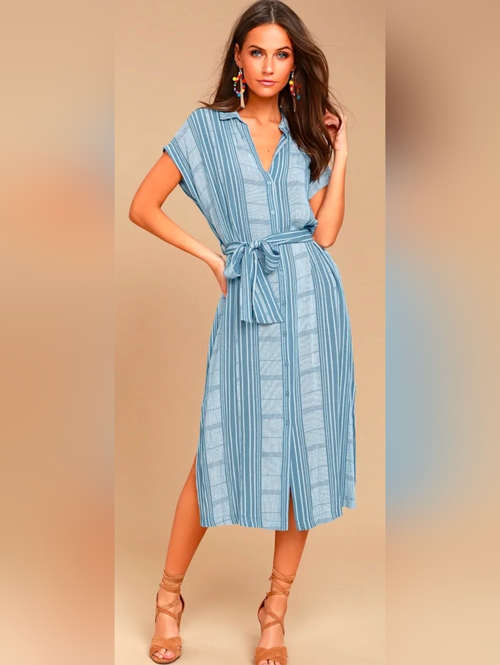 Lush Light Blue Vertical Stripe Midi Dress With Sash